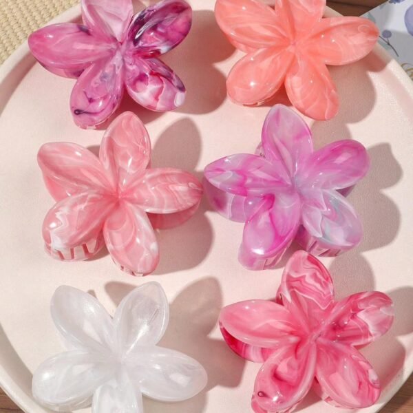 6pcs Set Pink Marble Pattern Big Flower Hair Clips